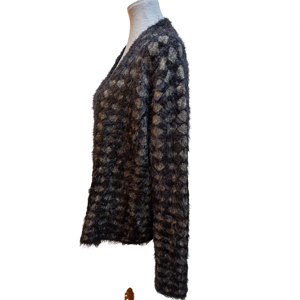 Black Gold‎ Holiday Party Office Cozy Polka Dot Fuzzy Knit Cardigan XL Sweater